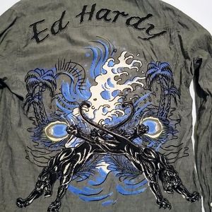 Ed Hardy Black Panthers Large Long Sleeve Button Up Shirt